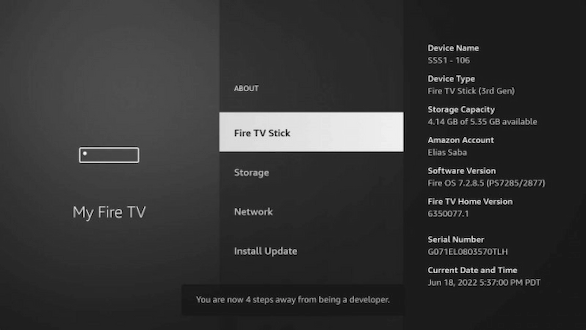 Developer Options location in Firestick settings